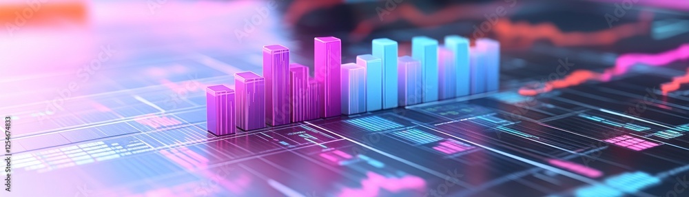 Poster a vibrant digital graph showcasing fluctuating data trends with a focus on colorful bar representati