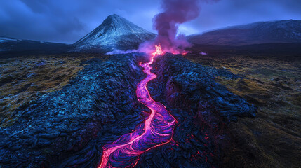 Erupting Volcano at Dusk with Lava Flowing Downside and Smoky Sky in Background