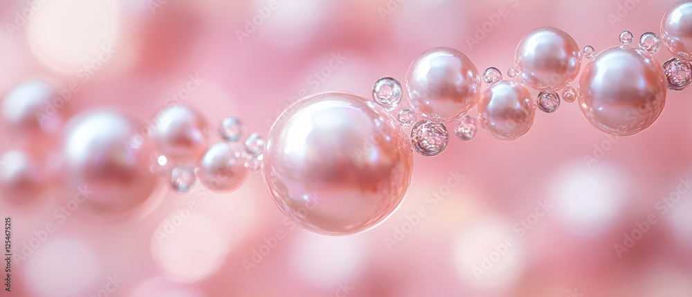 Poster pink pearls and clear bubbles floating on a soft pink background with a bokeh effect