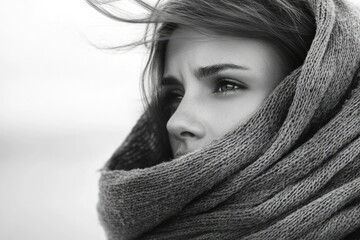 Fototapeta premium A black and white portrait of a woman wrapped in a cozy scarf, windswept hair framing her pensive face.