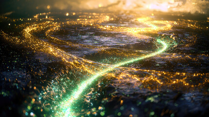 Enchanted glowing pathway through a mystical landscape with shimmering lights and ethereal atmosphere