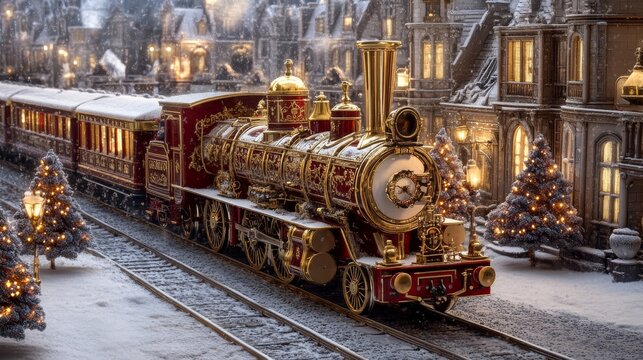 A full aerial view. A luxurious Richard Trevithick's 1804 locomotive crafted entirely from ivory, with a stunning red and gold color scheme. The locomotive features intricate and ornate golden