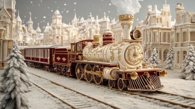 A full aerial view. A luxurious Richard Trevithick's 1804 locomotive crafted entirely from ivory, with a stunning red and gold color scheme. The locomotive features intricate and ornate golden