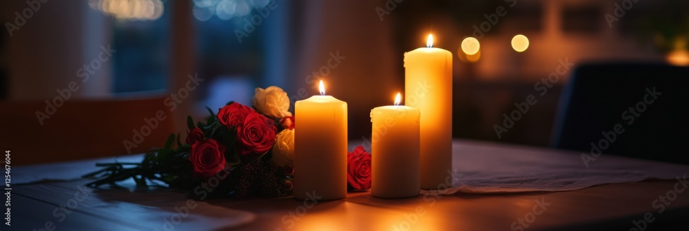 Poster elegant festive dining table setting with glowing candles and fresh flowers for a special occasion. 
