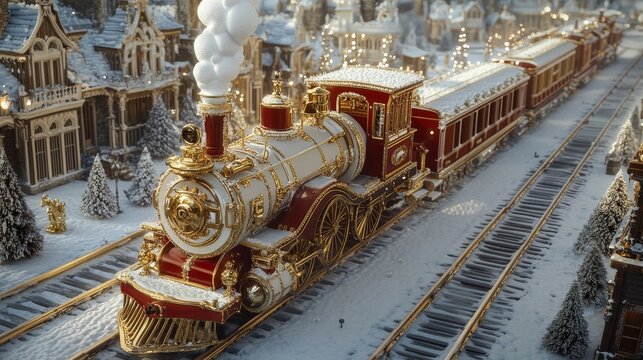 A full aerial view. A luxurious Richard Trevithick's 1804 locomotive crafted entirely from ivory, with a stunning red and gold color scheme. The locomotive features intricate and ornate golden