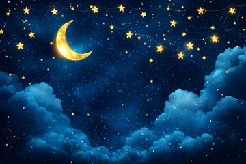 Naklejka premium Night sky, crescent moon, stars, clouds, dreamy backdrop