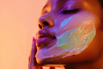 Fototapeta premium Woman applying creamy face mask, glowing skin, vibrant lighting, beauty treatment.