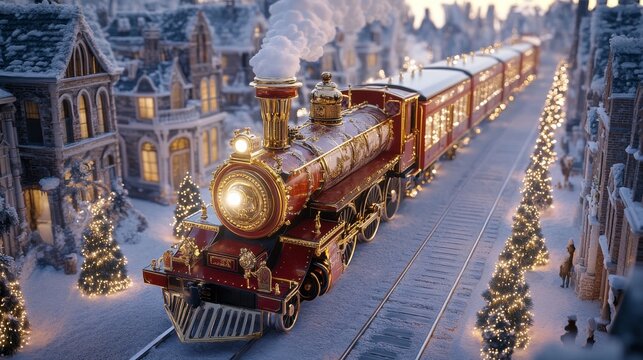 A full aerial view. A luxurious Richard Trevithick's 1804 locomotive crafted entirely from ivory, with a stunning red and gold color scheme. The locomotive features intricate and ornate golden