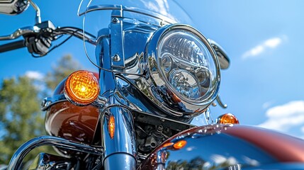 Fototapeta premium Close-up of a Classic Motorcycle Headlight Under a Sunny Sky