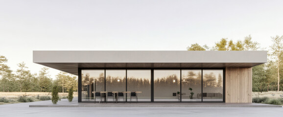 Fototapeta premium Modern minimalist building surrounded by nature during late afternoon