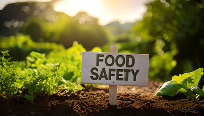 Food safety : Organic food sign on green grass in a natural park setting.
