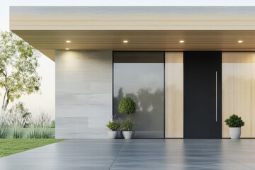 Obraz premium Modern architectural design of a stylish entrance with glass doors and planters