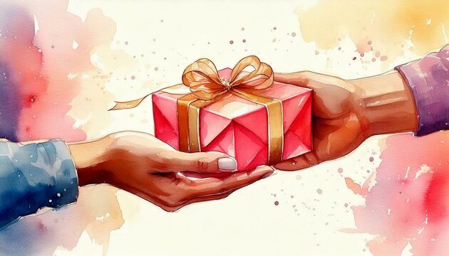 Pastel watercolor of hand exchanging a gift.