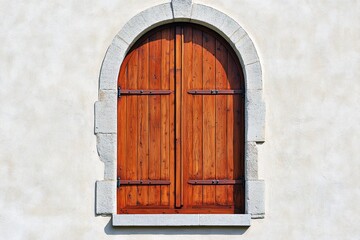 Fototapeta premium Arched window with wooden shutters in a white wall with stone frame in bright sunlight
