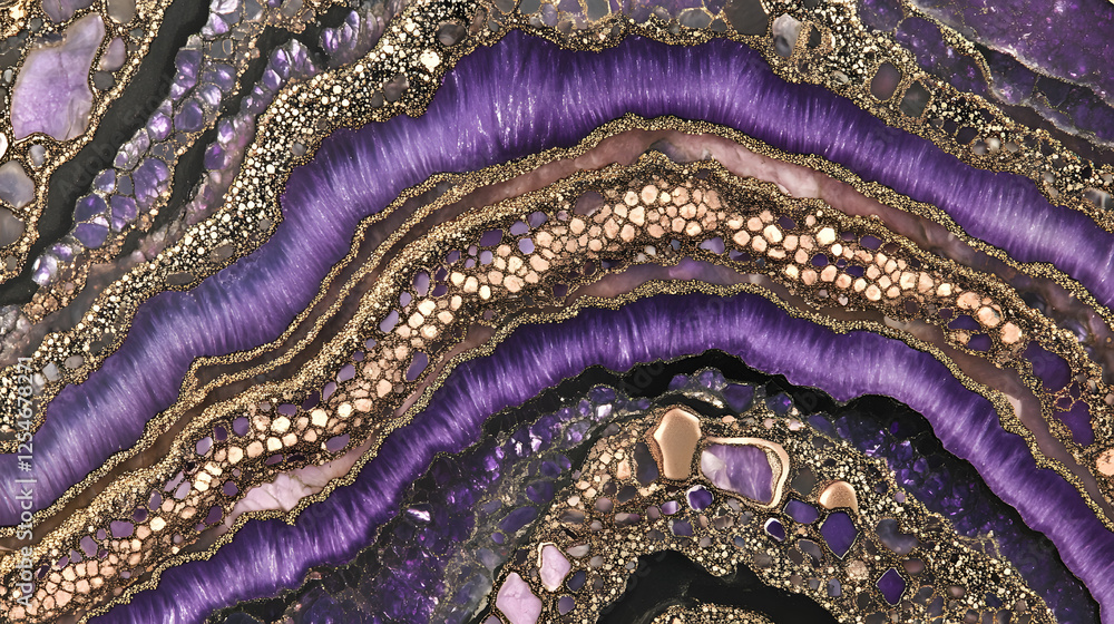 Aufkleber close up of a purple and gold colored rock with a textured surface and natural patterns in a detaile