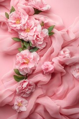Pink floral arrangement with soft fabric on a light pink background for elegant design