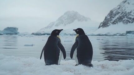 Two emperor penguins facing each other on snowy Antarctic shore.