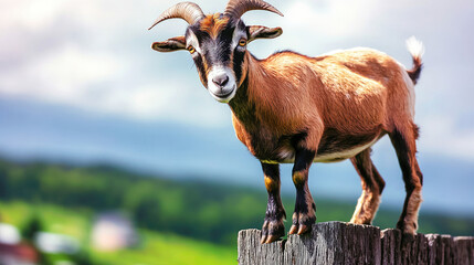 A curious goat standing on a wooden post with a scenic countryside backdrop under a bright sky