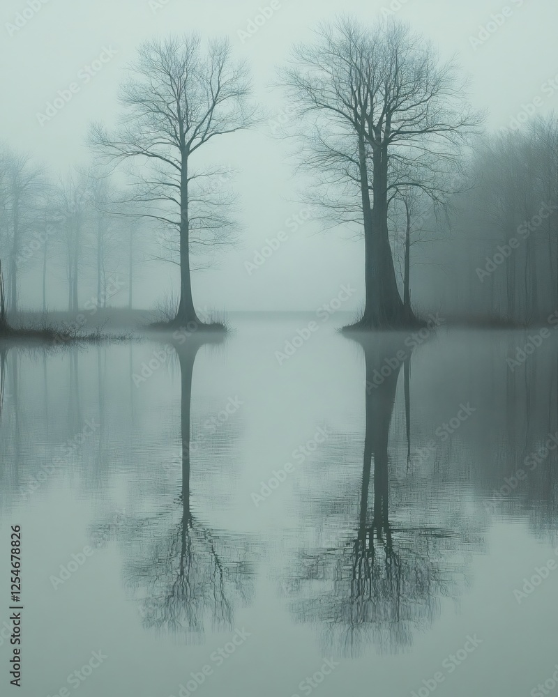 Poster foggy lake scene with bare trees reflecting in the water creating a serene and moody atmosphere