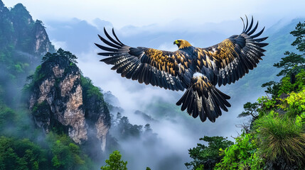 Majestic golden eagle soaring over misty mountains, showcasing nature's beauty and wildlife