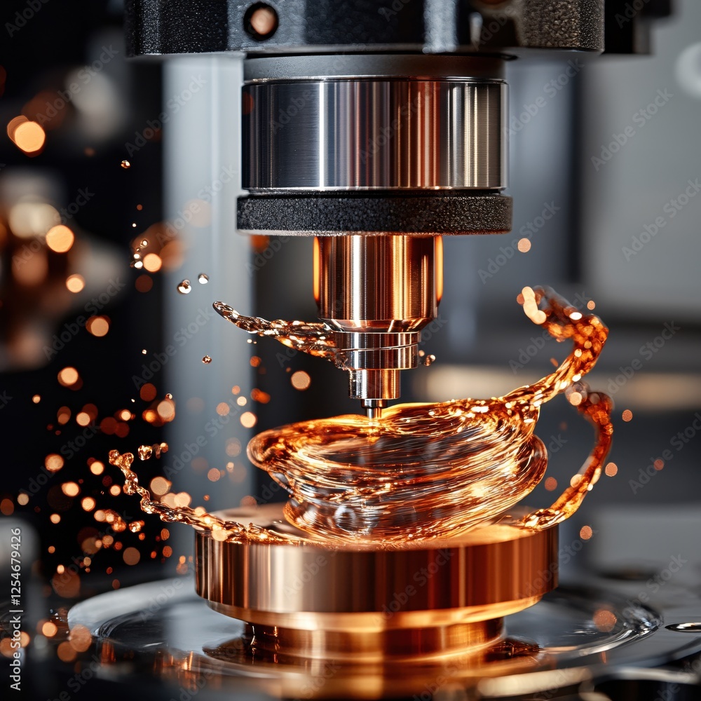Poster metallic machine with liquid splash in motion during industrial process with bokeh lights