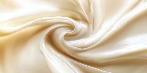 Fototapeta premium A hyper-detailed macro shot of thick, velvety cream with a glossy swirl. Soft lighting highlights its silky texture against a blurred modern kitchen backdrop, creating a luxurious, cinematic feel.