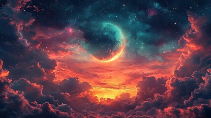 Naklejka premium A breathtaking cosmic landscape featuring a vibrant sunset with a crescent moon amidst colorful clouds