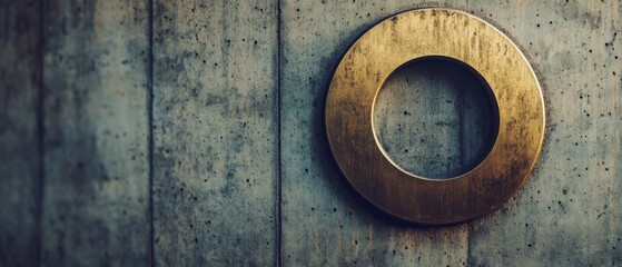 A large brass circular ring hangs on a textured concrete wall, the golden hue contrasting beautifully against the rough surface.