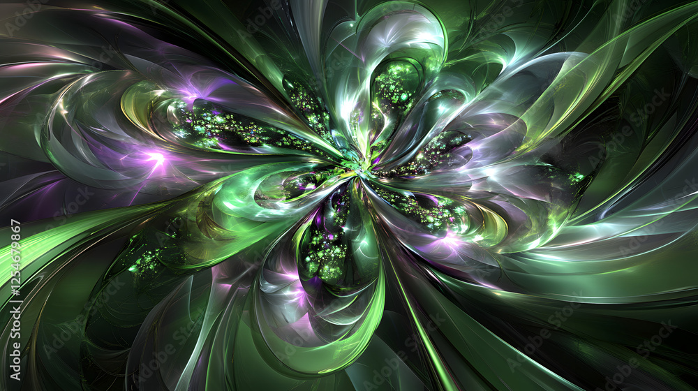 Poster computer generated abstract design featuring glowing elements in a dynamic fusion of colors and shap