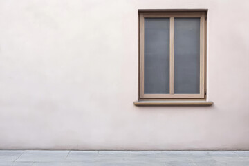 Minimalist design of a wooden window on a plain peach wall with tiled pavement