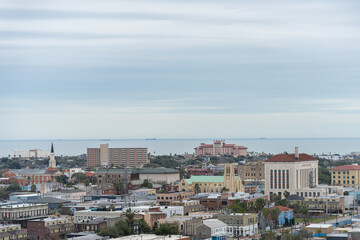 Galveston city downtown business district skyline from port