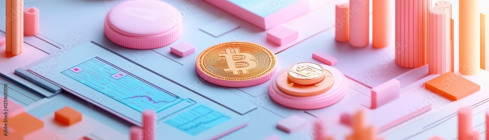 Aufkleber a colorful, abstract representation of digital currency, featuring coins and geometric shapes, symbo