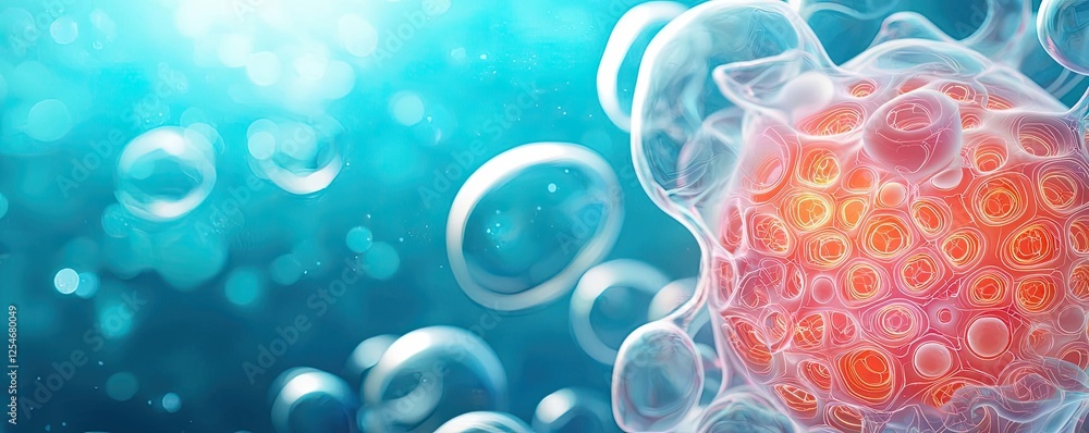 Poster microscopic ocean life microscopic concept. close-up view of colorful cells in a liquid environment,