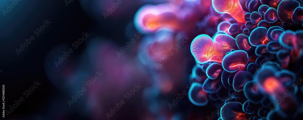 Poster microscopic ocean life microscopic concept. vibrant microscopic view of colorful cellular structures