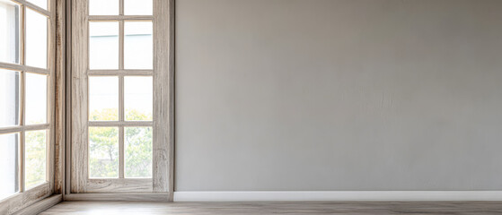 Fototapeta premium Natural light illuminates a spacious empty room with wooden window frames