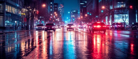 Fototapeta premium Rain-slicked city streets reflect vibrant neon lights, capturing the lively urban pulse of nightlife.