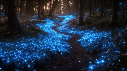 Enchanted forest path illuminated by glowing blue flowers under soft sunlight at dusk