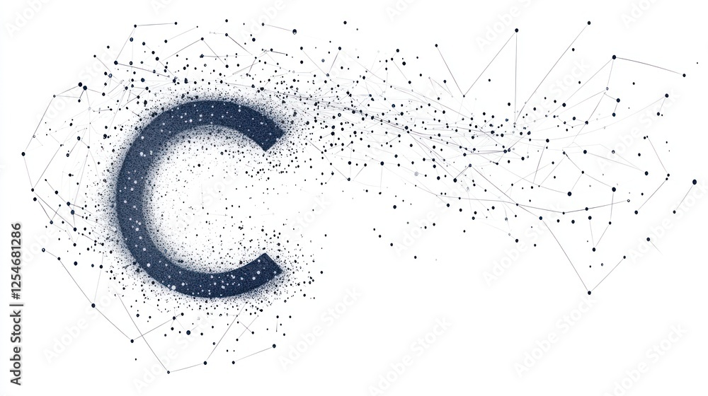 Poster abstract letter c dissolving into particles and lines.