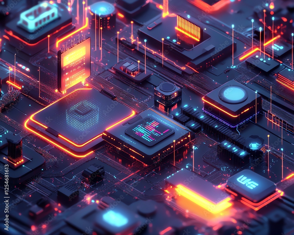 Poster Cloud computing center with detailed image, interconnected devices and data flow, digital illustration of modern tech infrastructure