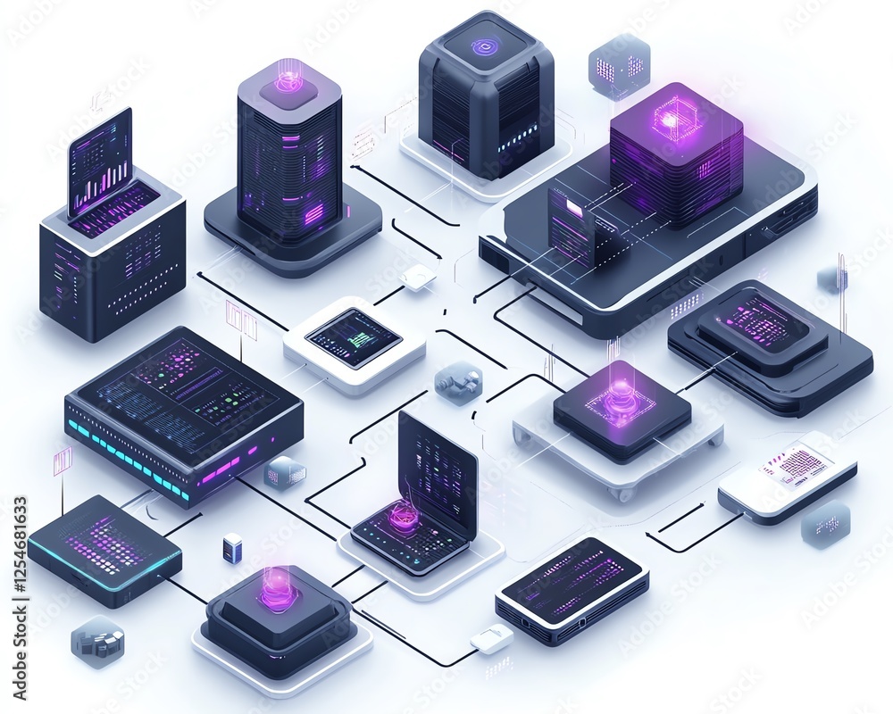 Leinwandbilder Cloud computing center with detailed image, interconnected devices and data flow, digital illustration of modern tech infrastructure