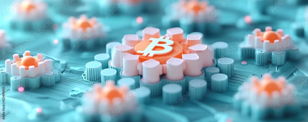 Poster a close-up image of a digital bitcoin symbol surrounded by abstract nodes, representing cryptocurren