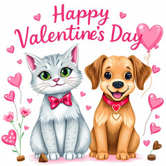 Adorable Valentine's Day Cat and Dog Illustration – Cute Pet Love Art