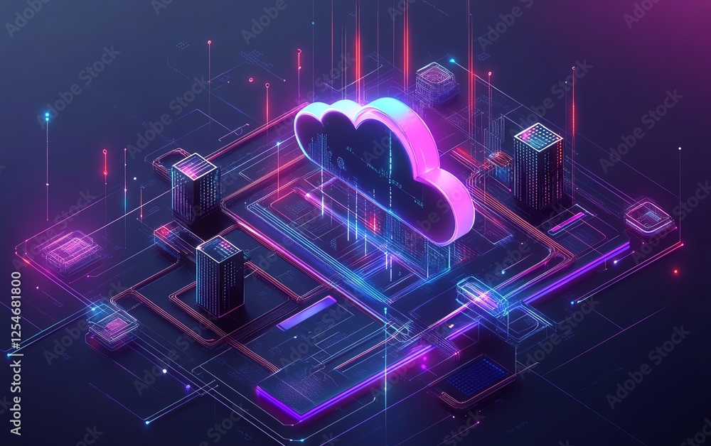 Poster Cloud computing technology concept, digital art showing detailed cloud infrastructure and virtual data flow, interconnected systems