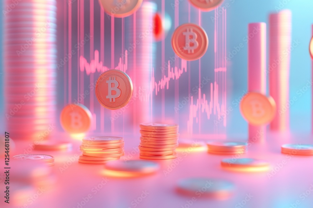 Poster a futuristic scene depicting floating bitcoin coins with a digital graph in a vibrant, neon color sc