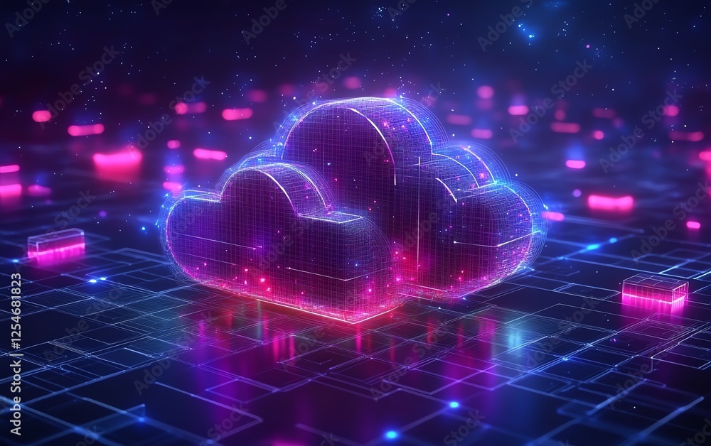 Poster Cloud computing technology concept, digital art showing detailed cloud infrastructure and virtual data flow, interconnected systems