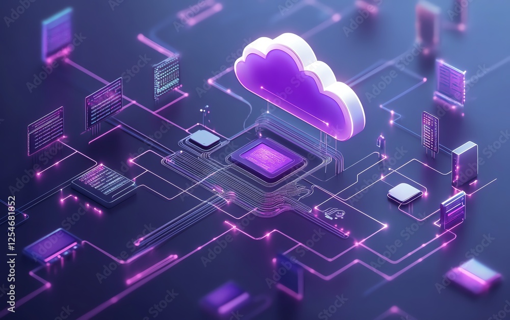 Poster Cloud computing technology concept, digital art showing detailed cloud infrastructure and virtual data flow, interconnected systems