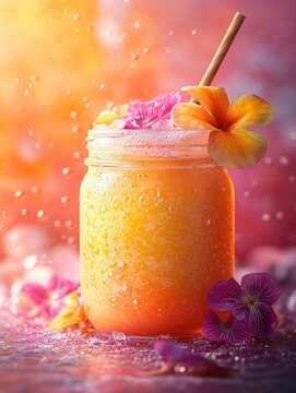 Refreshing Frothy Pineapple Juice Smoothie in a Glass Jar