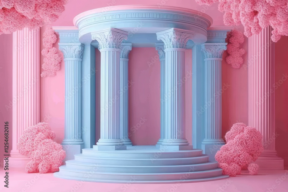 Poster a colorful, stylized architectural structure with blue columns and pink surroundings, creating a whi