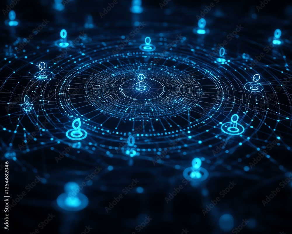 Aufkleber Dark blue futuristic background with a connected world in the center, human resources network visualized, tech and innovation theme