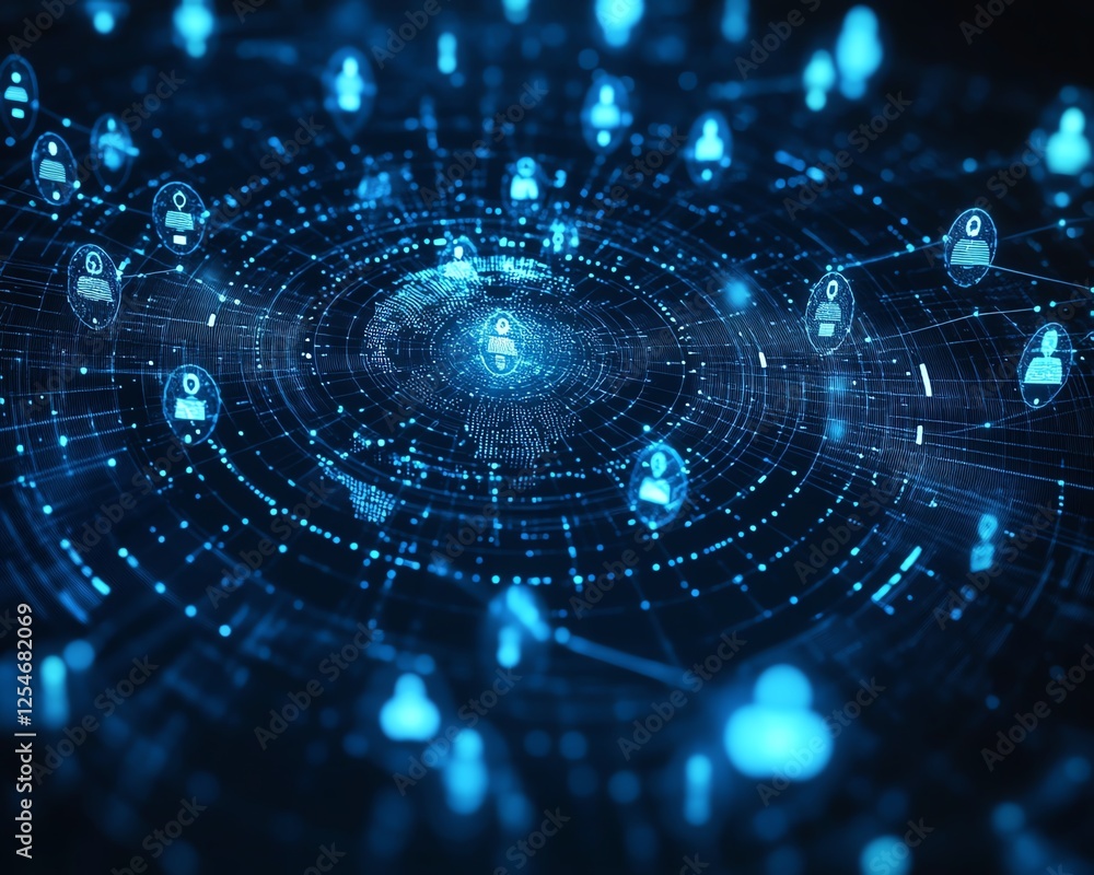 Poster Dark blue futuristic background with a connected world in the center, human resources network visualized, tech and innovation theme